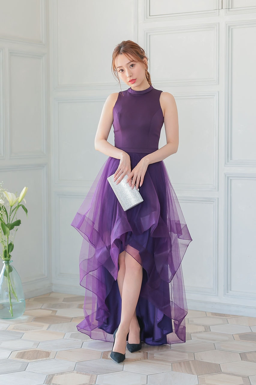 紫　L　ワンピース　Aライン　七分袖　セミフォーマル結婚式パーティー御食事お祝い