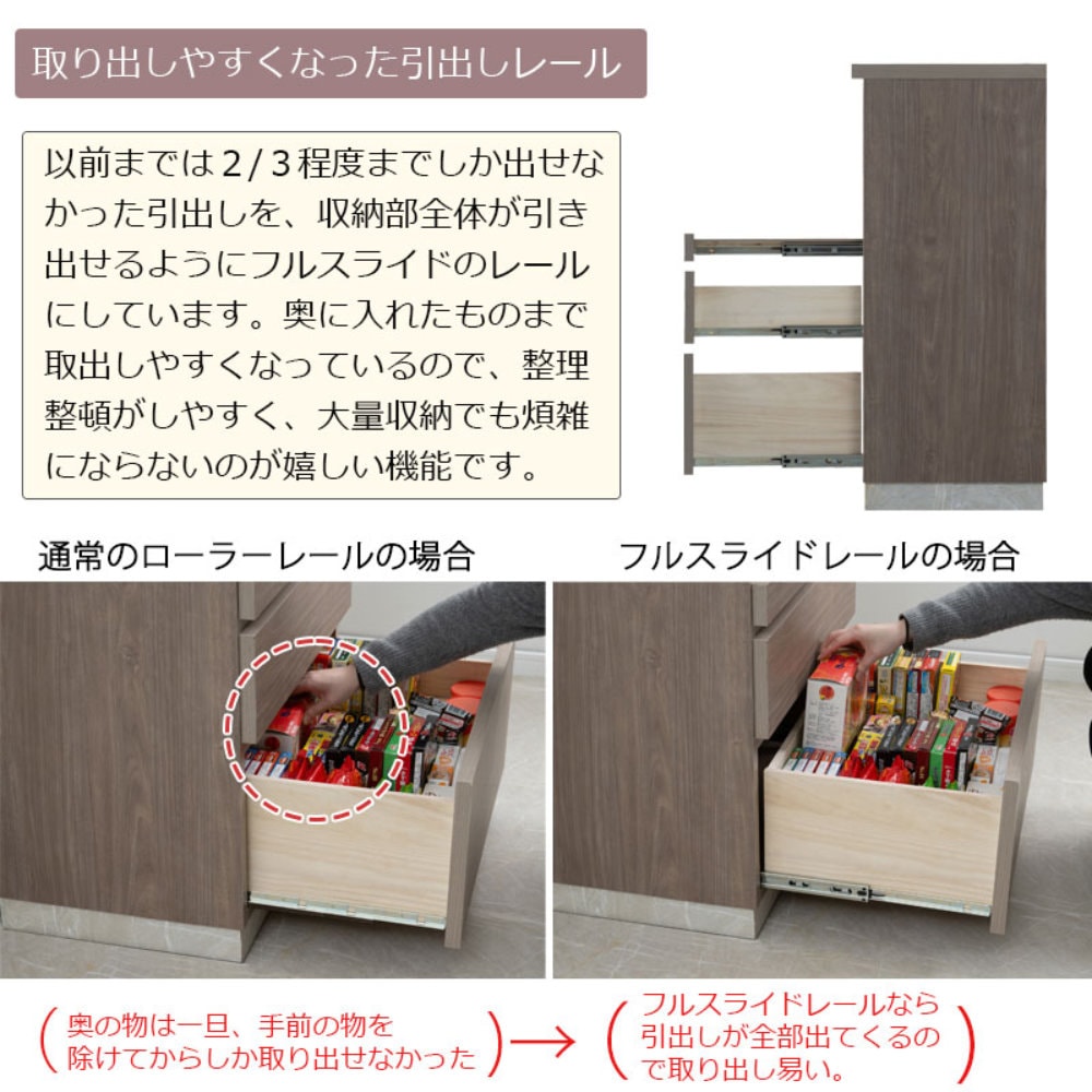 モダン　スリムキッチンカウンター　ナチュラルグレージュ　フルスライドレール幅60 キッチンカウンター 幅60cm グレージュ キャビネット キッチン