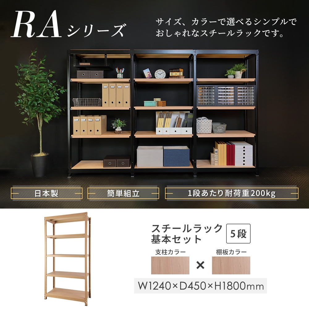 スチールラック 5段 幅1240×奥行450×高さ1800mm 耐荷重200kg/段