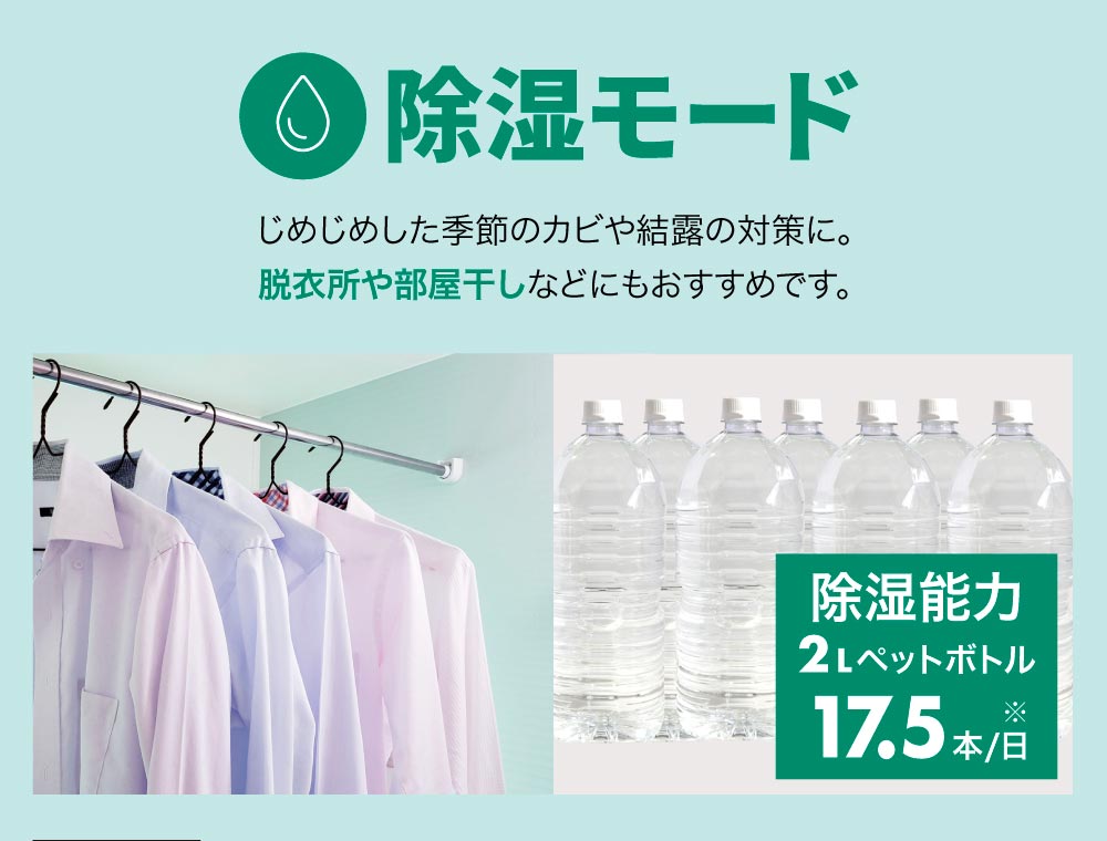 じめじめした季節のカビや結露の対策。部屋干しにも大活躍。他社製の移動式クーラーに比べて圧倒的な除湿能力