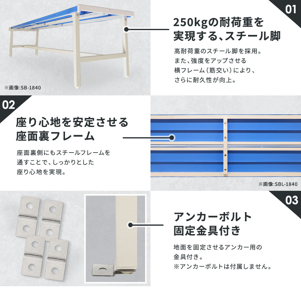 耐荷重250kg 高耐荷重のスチール脚&座面裏フレーム。アンカーボルト固定金具付き。