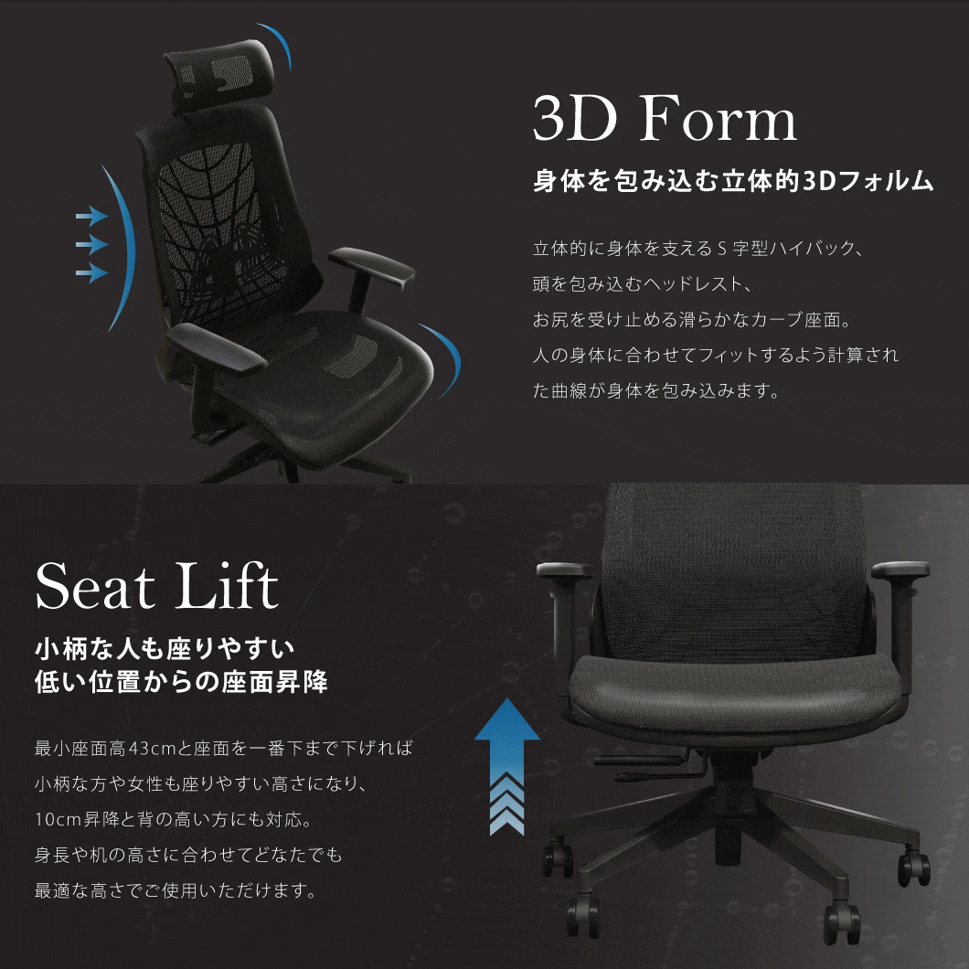 高機能オフィスチェア Type-LB フレーム：ブラック/張地：ブラック 組立品〔代引不可〕(代引不可)