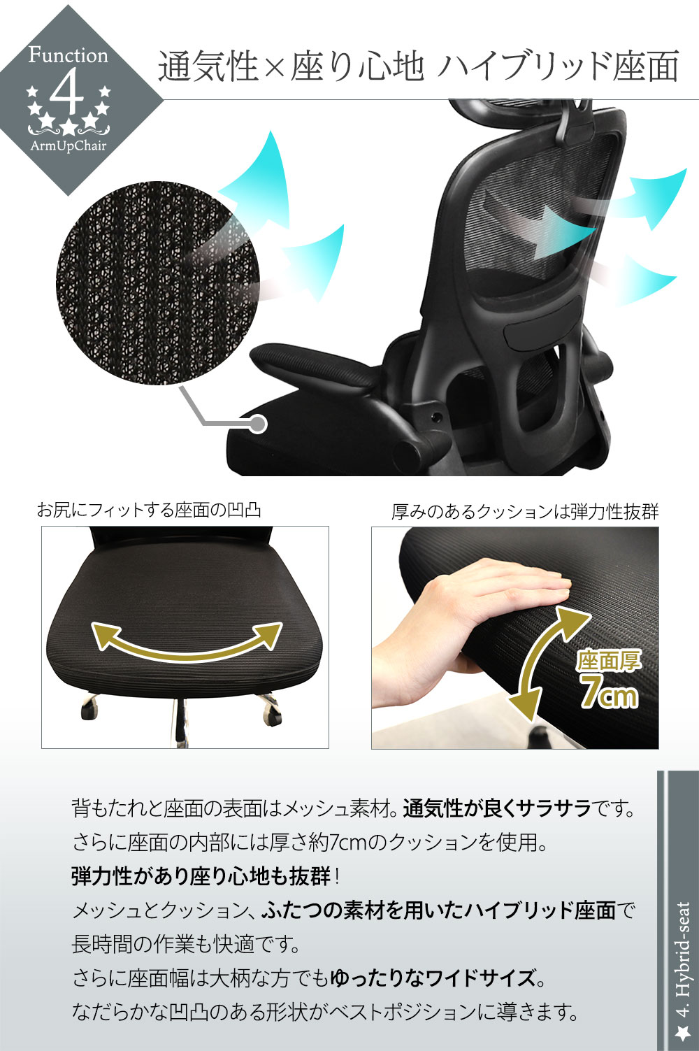オフィスチェア メッシュ ハイバック 肘付き キャスター付き AU-30