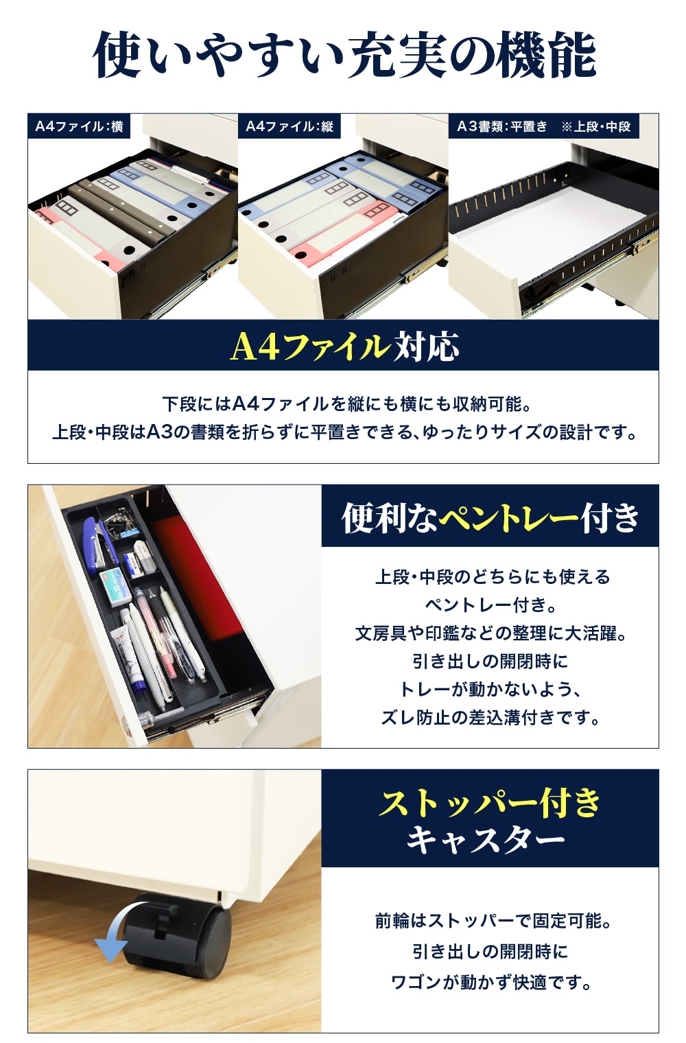 デスクワゴン 3段 ダイヤル錠 キャスター付き サイドワゴン WG-D（商品