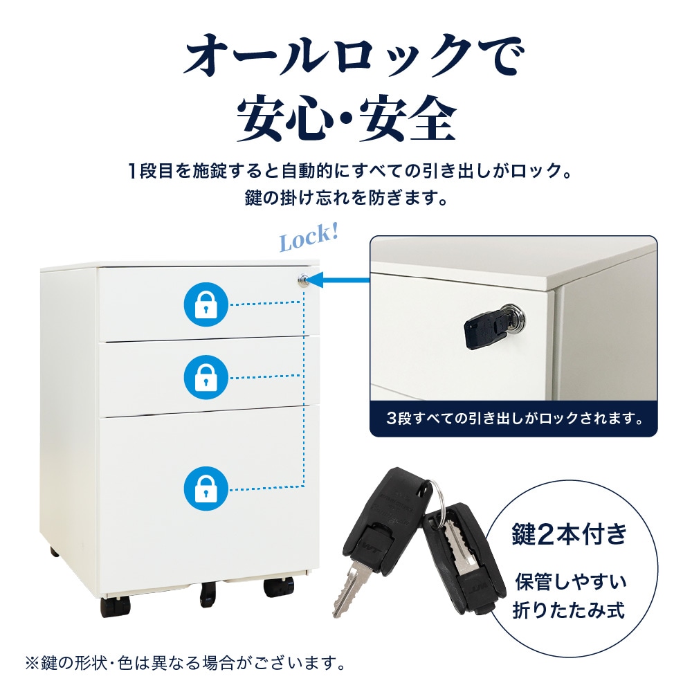 デスクワゴン 3段 鍵付き キャスター付き サイドワゴン WG-S（商品番号