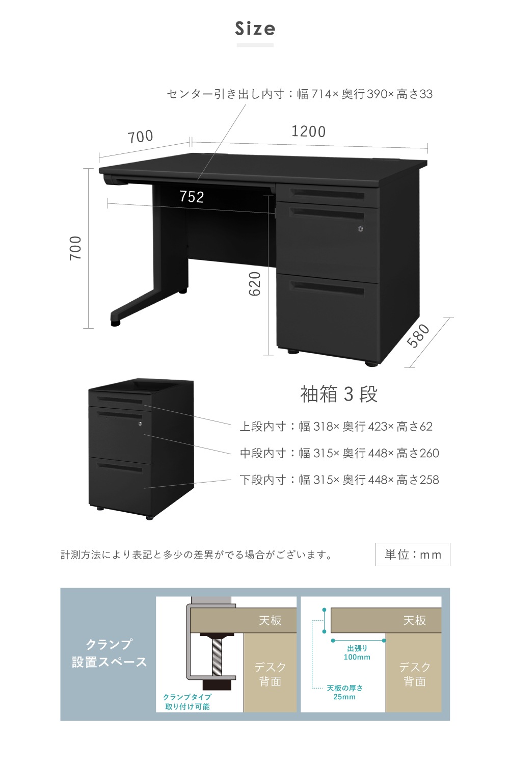 オフィスデスク ブラック 片袖机 幅1200×奥行700mm ワークデスク LKD