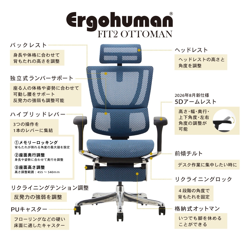 エルゴヒューマン フィット2 オットマン 5Dアームレスト Ergohuman