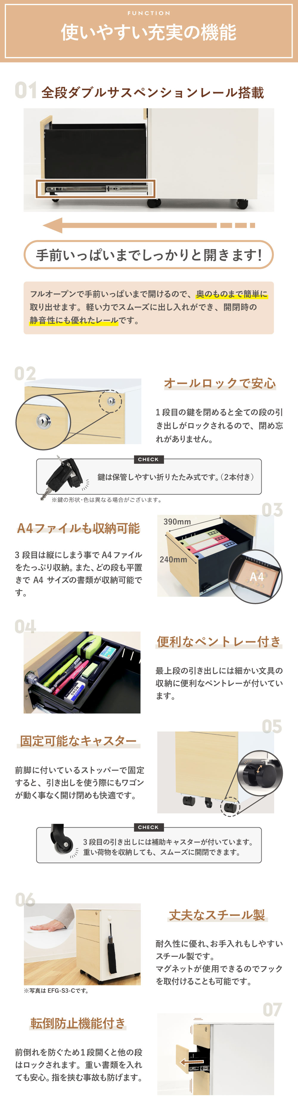 倉庫受取限定】 デスクワゴン スリム 3段 鍵付き 木目 WGS-SC-SO（商品