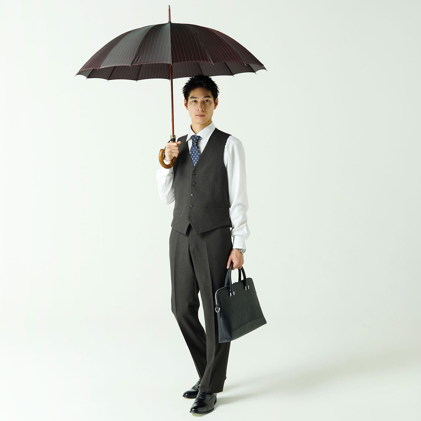 【メンズ雨傘】ピンストライプ-ボルドー