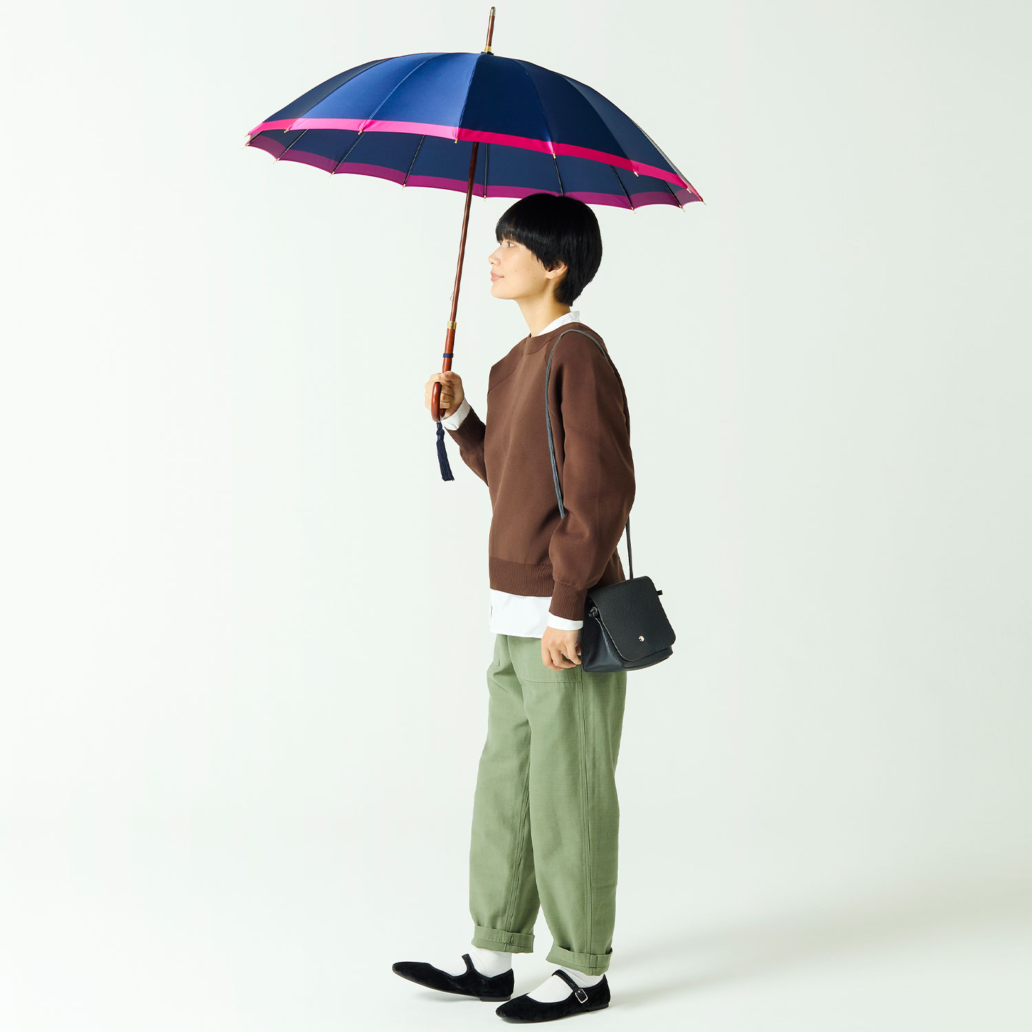 【レディース雨傘】ボーダー-カーボン-ネイビー