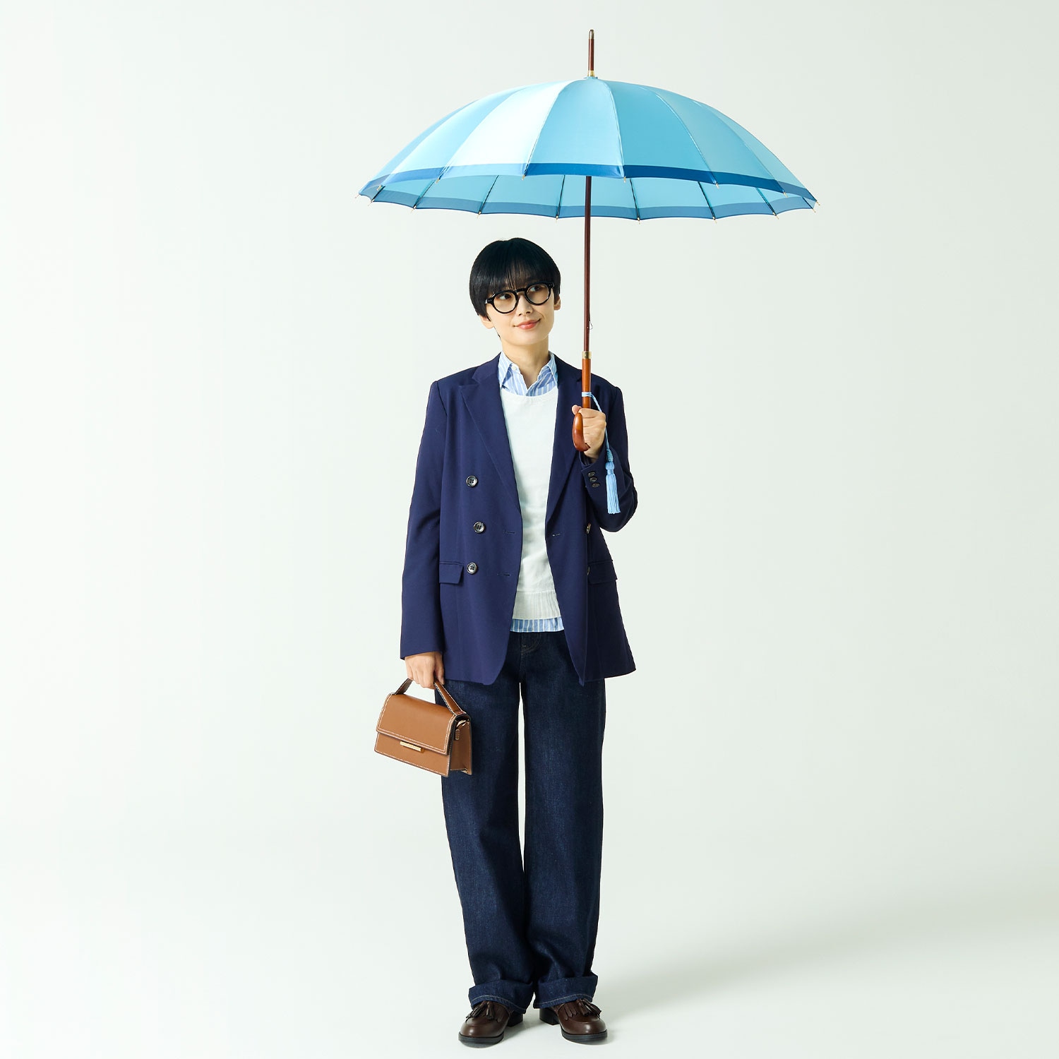 【レディース雨傘】ボーダー-カーボン-ライトブルー