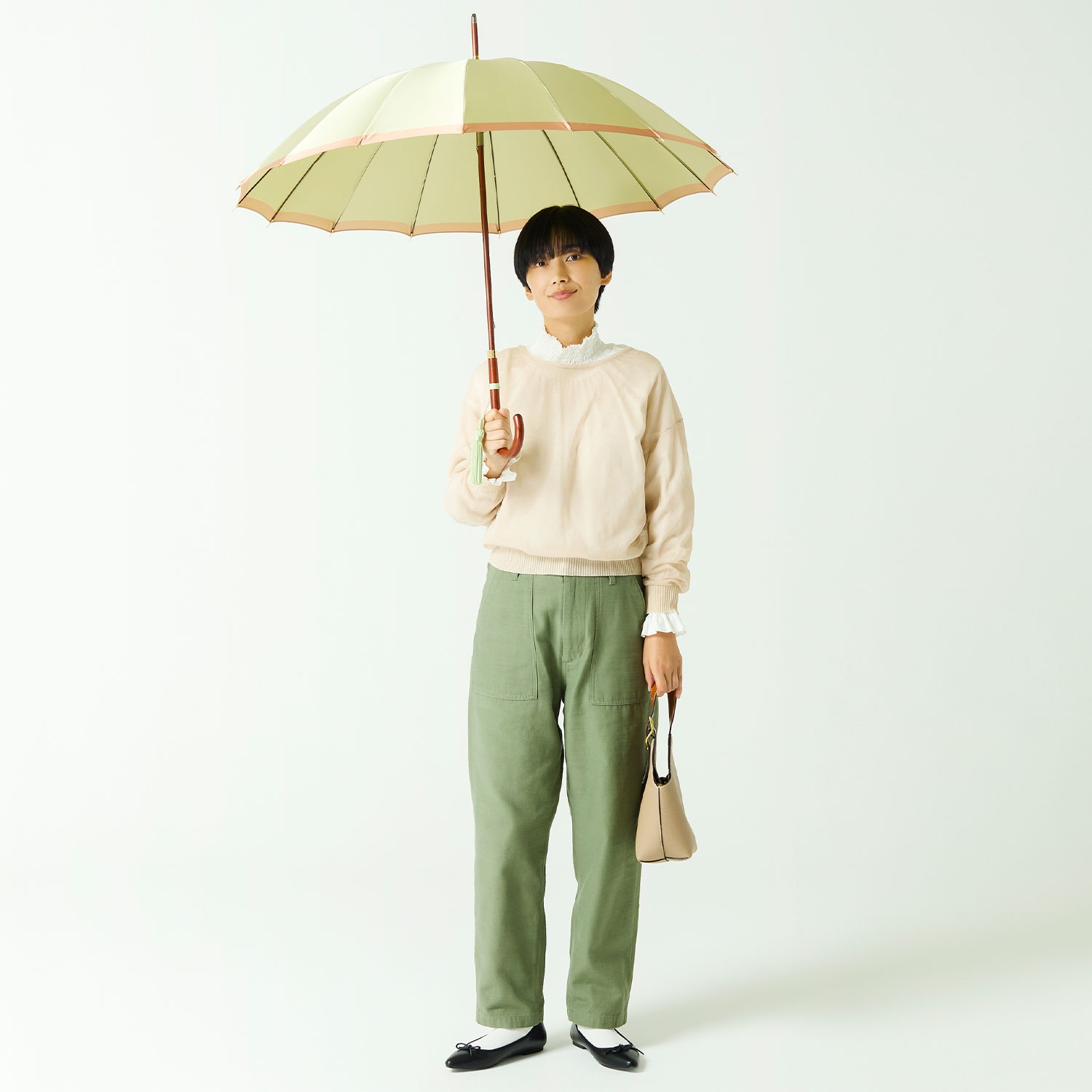 【レディース雨傘】ボーダー-カーボン-ペールグリーン
