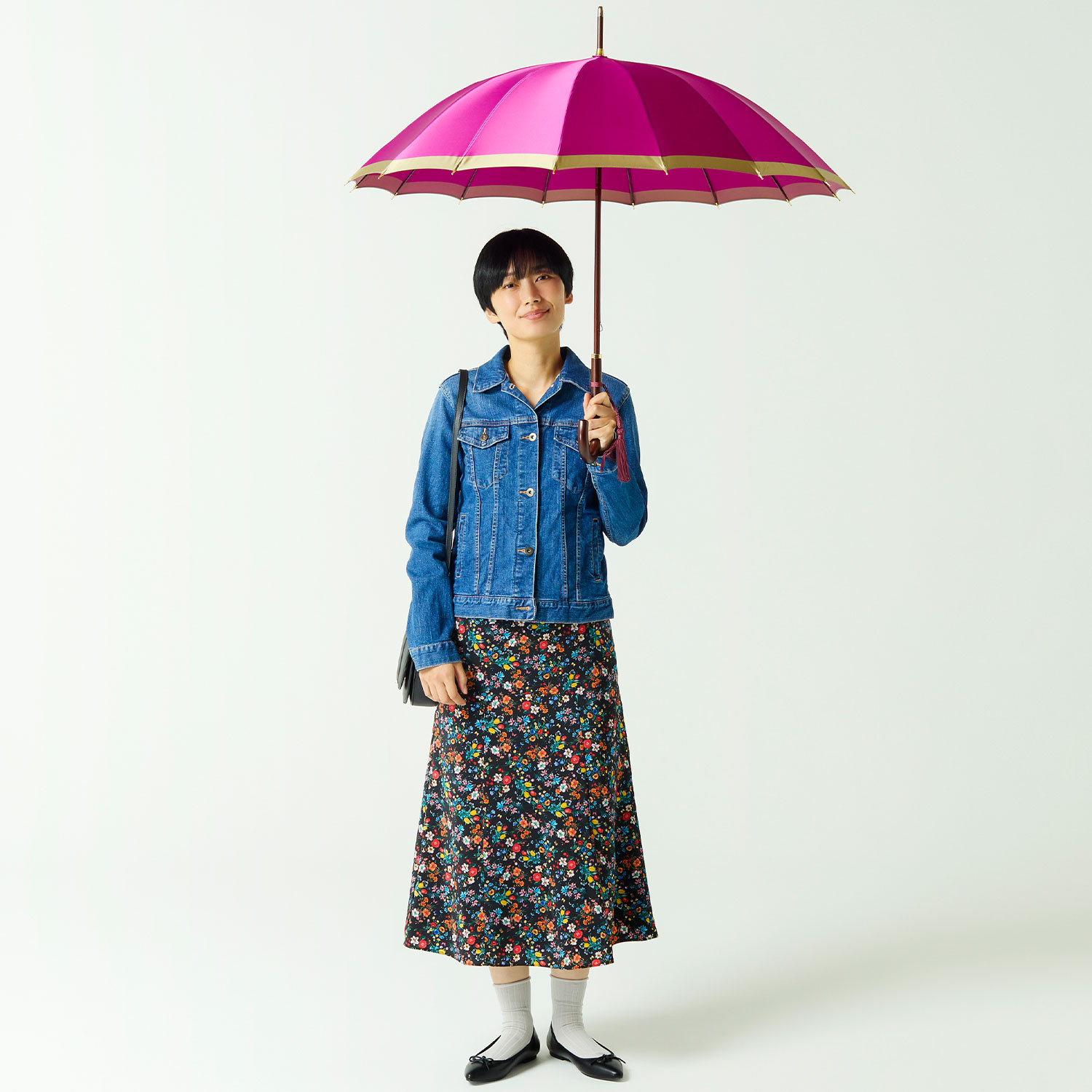 【レディース雨傘】ボーダー-カーボン-ダークマゼンタ
