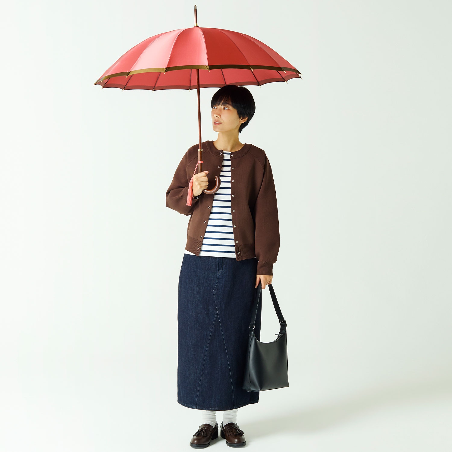 【レディース雨傘】ボーダー-カーボン-ローズ