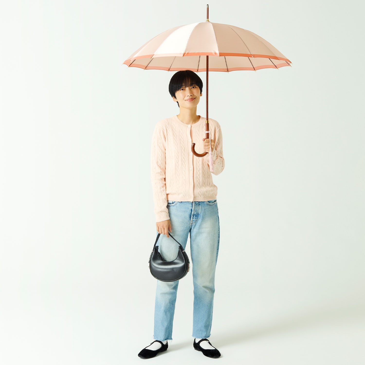 【レディース雨傘】ボーダー-カーボン-ピーチ