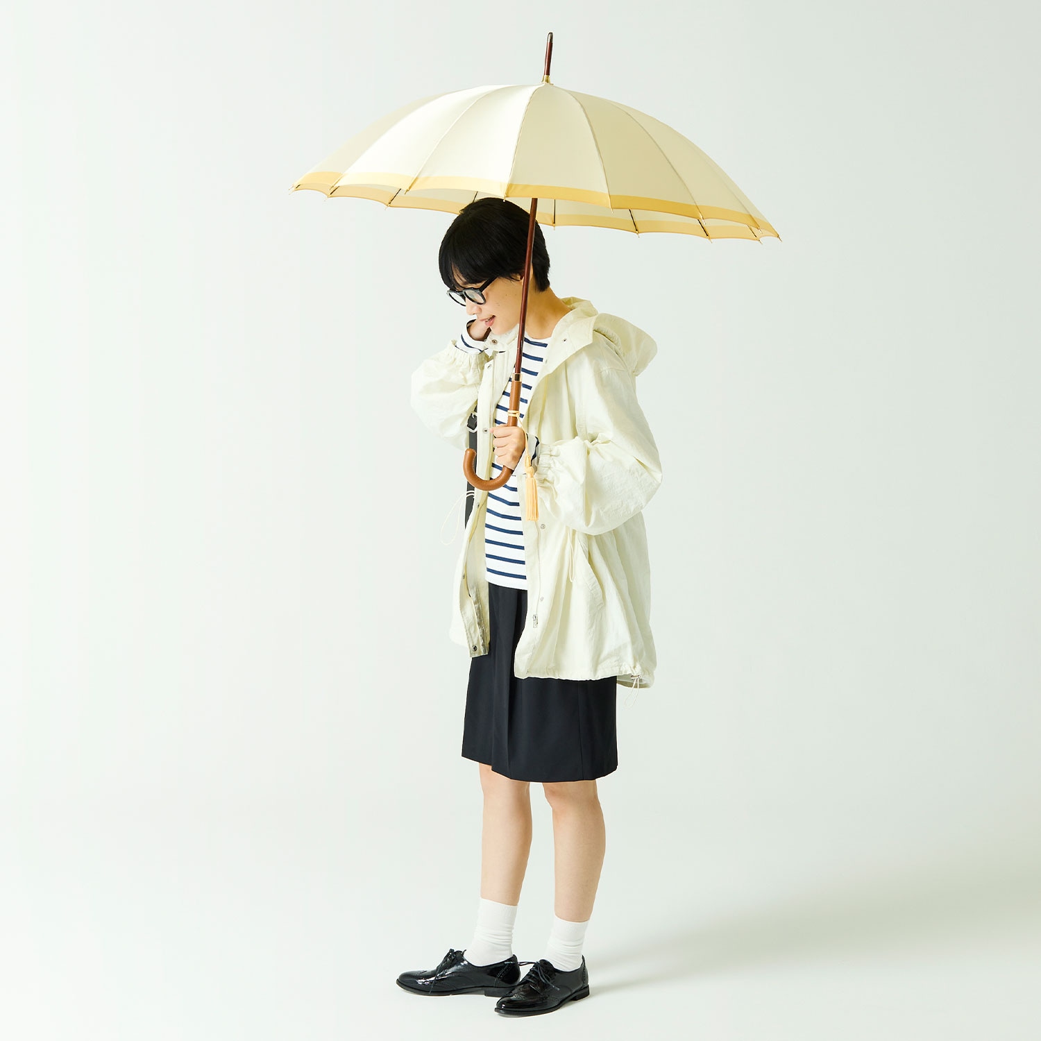 【レディース雨傘】ボーダー-カーボン-レモンイエロー