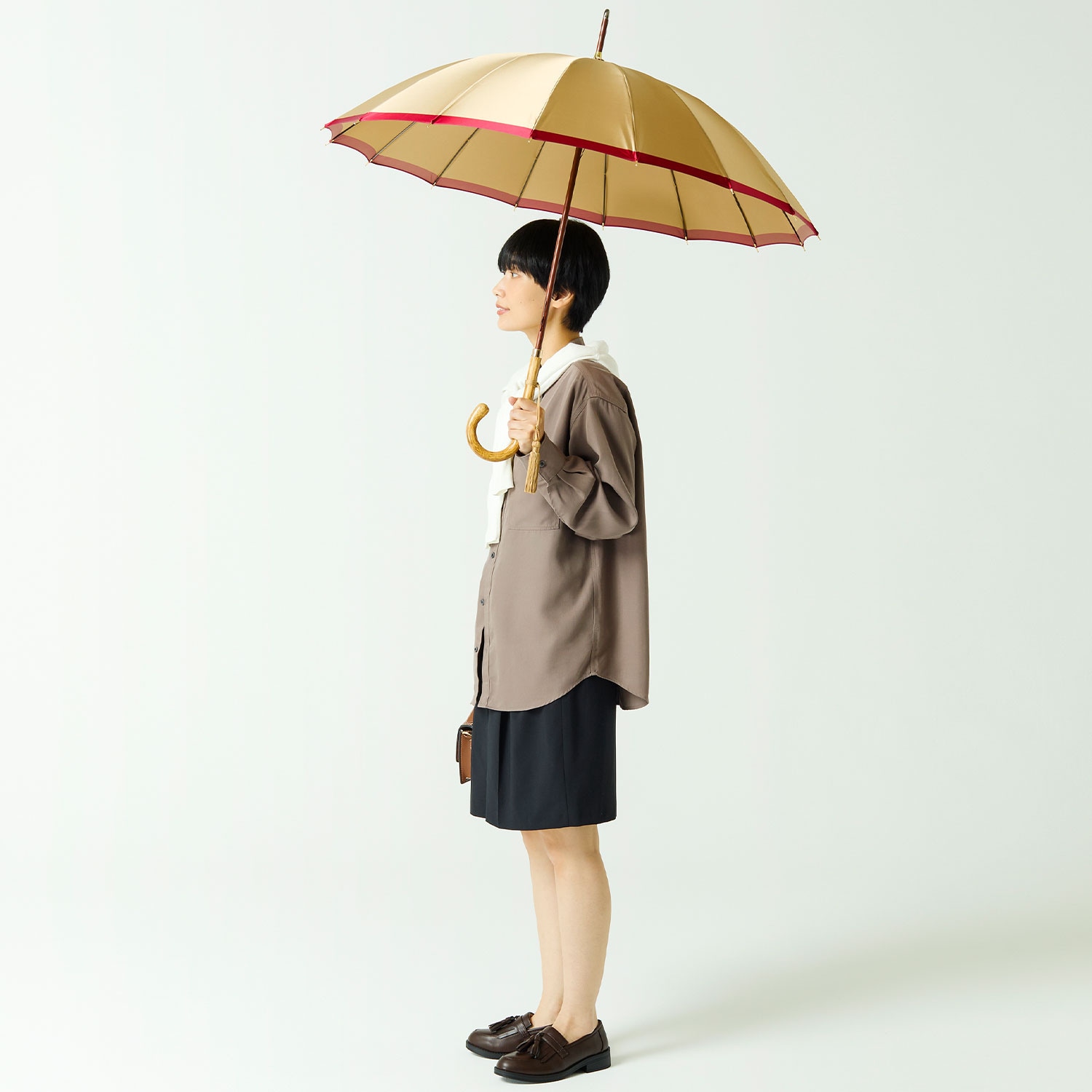 【レディース雨傘】ボーダー-カーボン-ベージュ