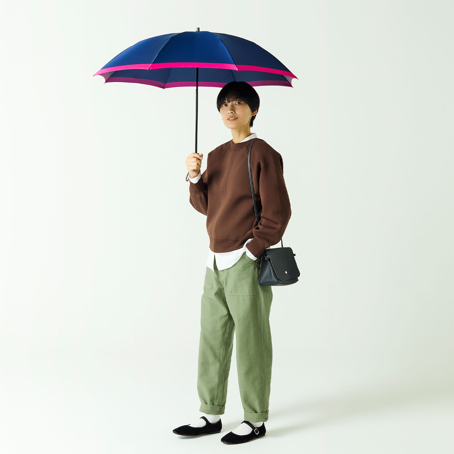 【レディース雨傘】ボーダー-折りたたみ-ネイビー