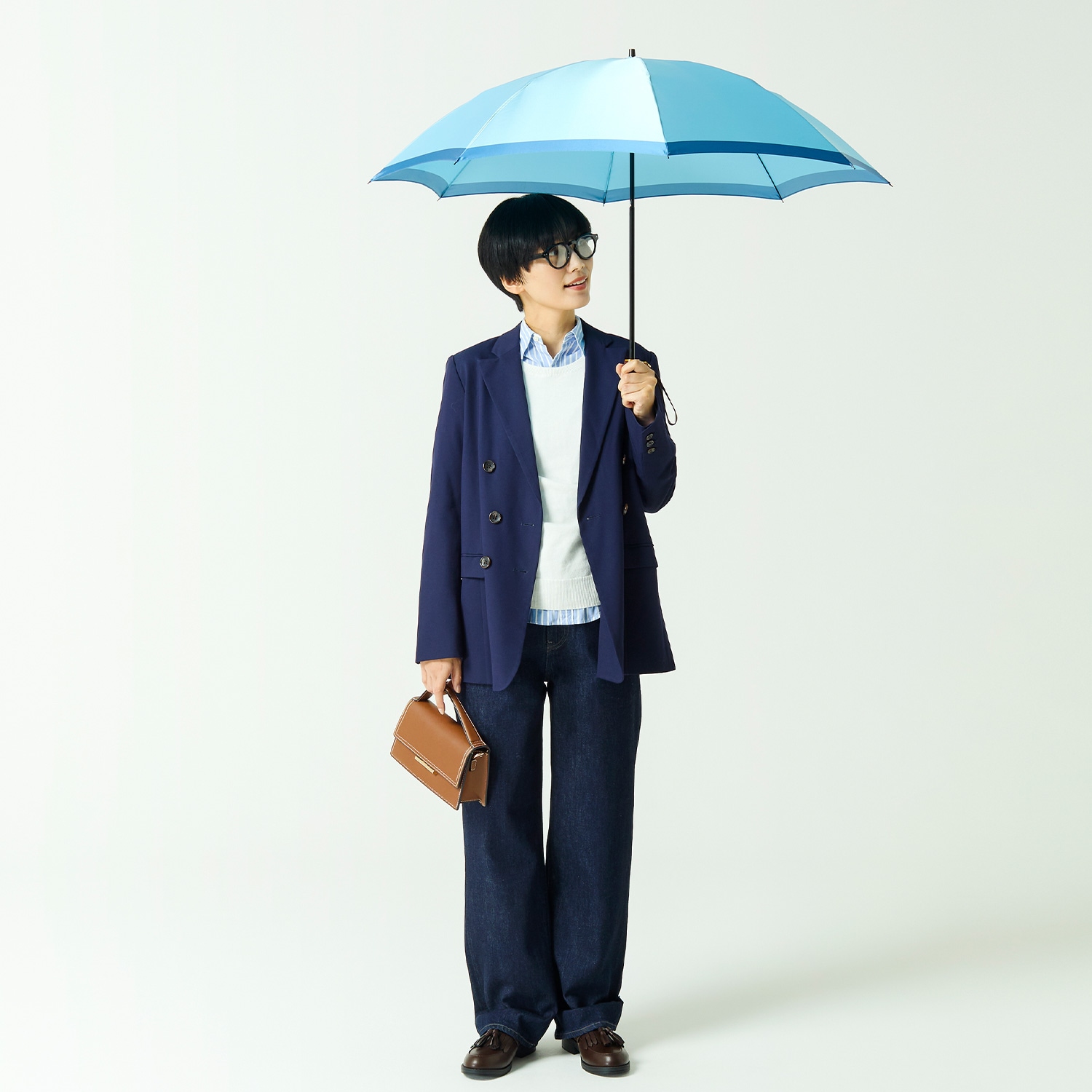 【レディース雨傘】ボーダー-折りたたみ-ライトブルー