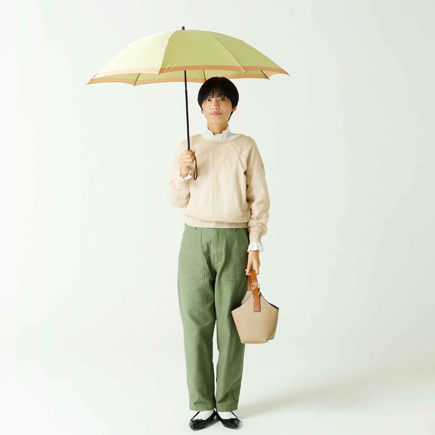 【レディース雨傘】ボーダー-折りたたみ-ペールグリーン