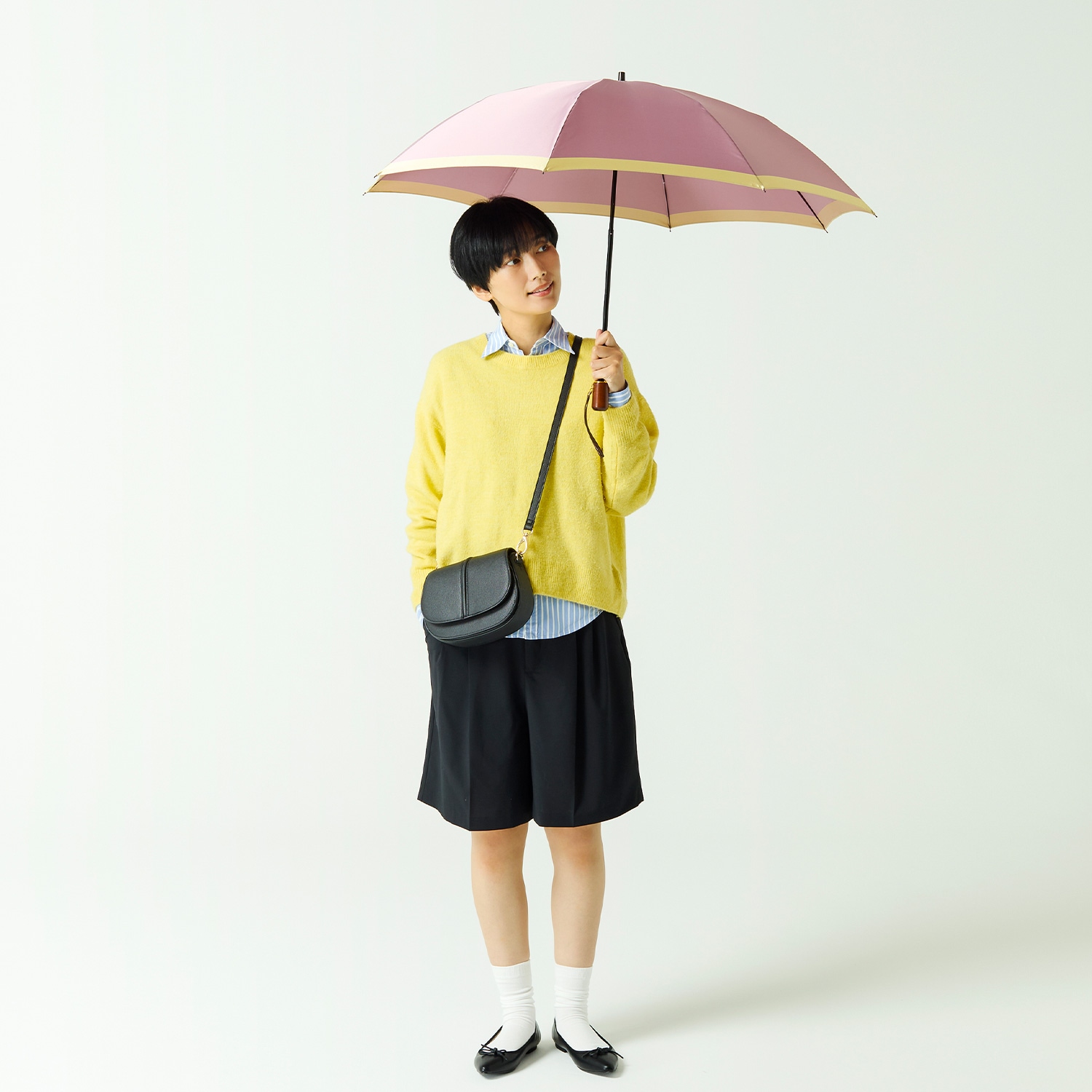 【レディース雨傘】ボーダー-折りたたみ-パープル