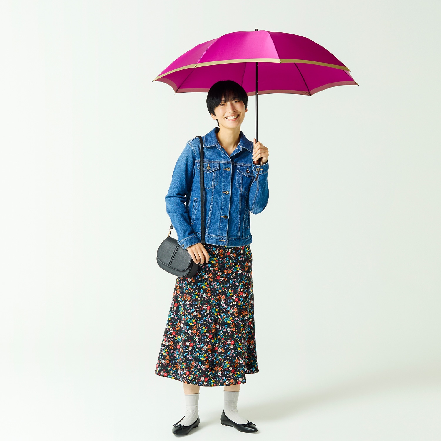 【レディース雨傘】ボーダー-折りたたみ-マゼンタ