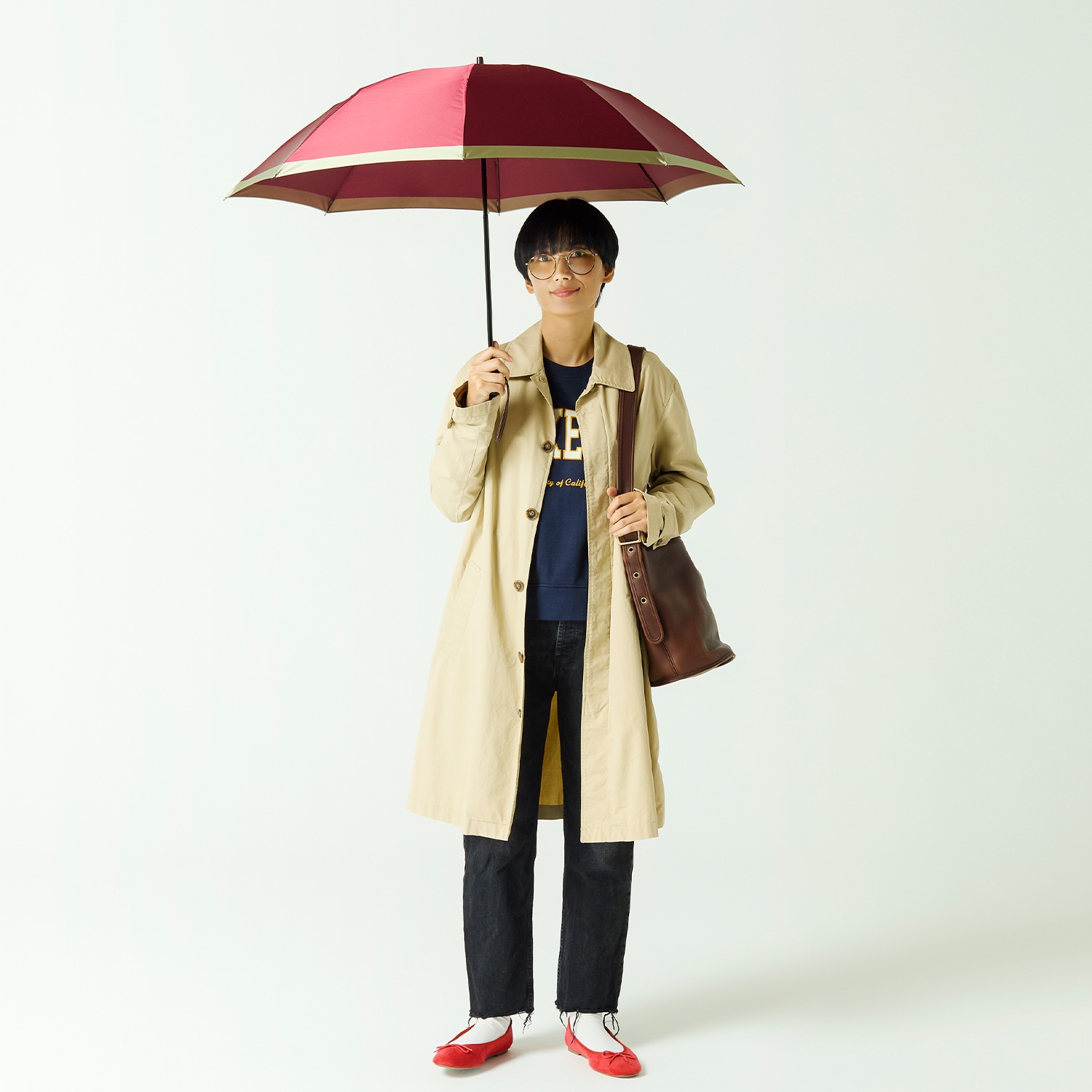 【レディース雨傘】ボーダー-折りたたみ-エンジ