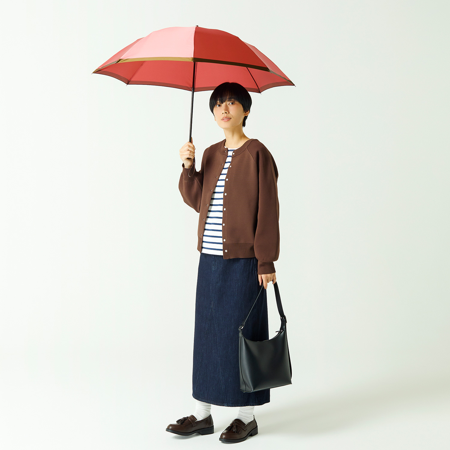 【レディース雨傘】ボーダー-折りたたみ-ローズ