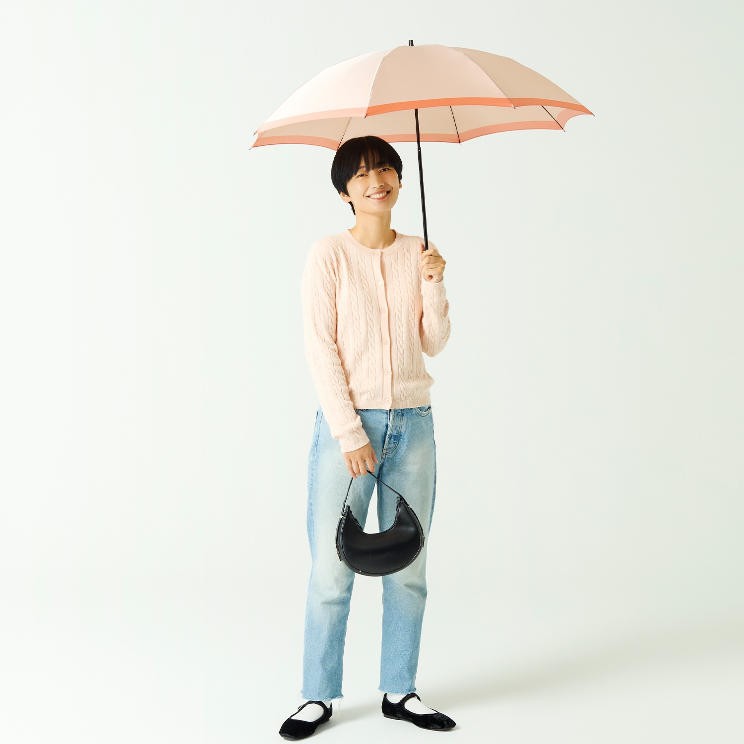 【レディース雨傘】ボーダー-折りたたみ-ピーチ