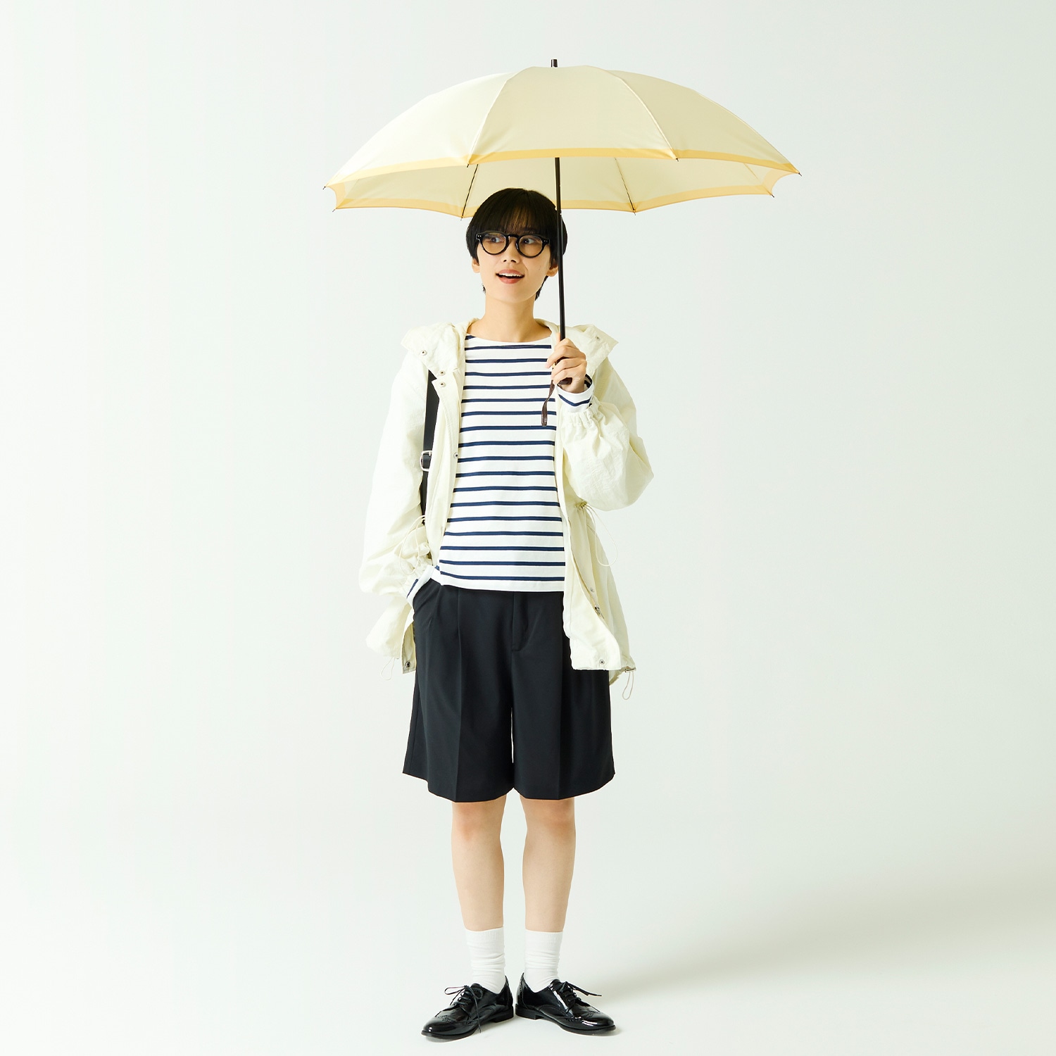 【レディース雨傘】ボーダー-折りたたみ-レモンイエロー