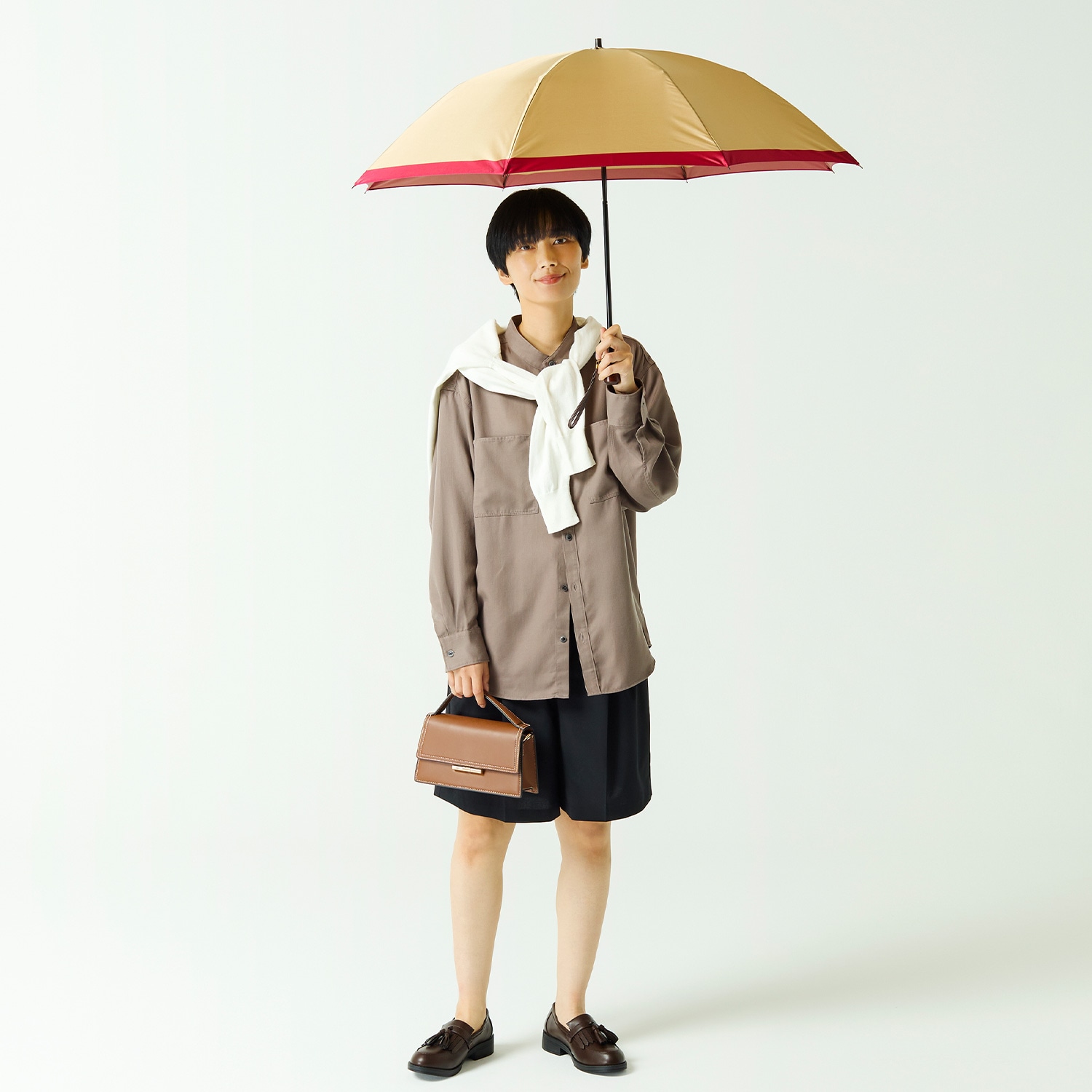 【レディース雨傘】ボーダー-折りたたみ-ベージュ