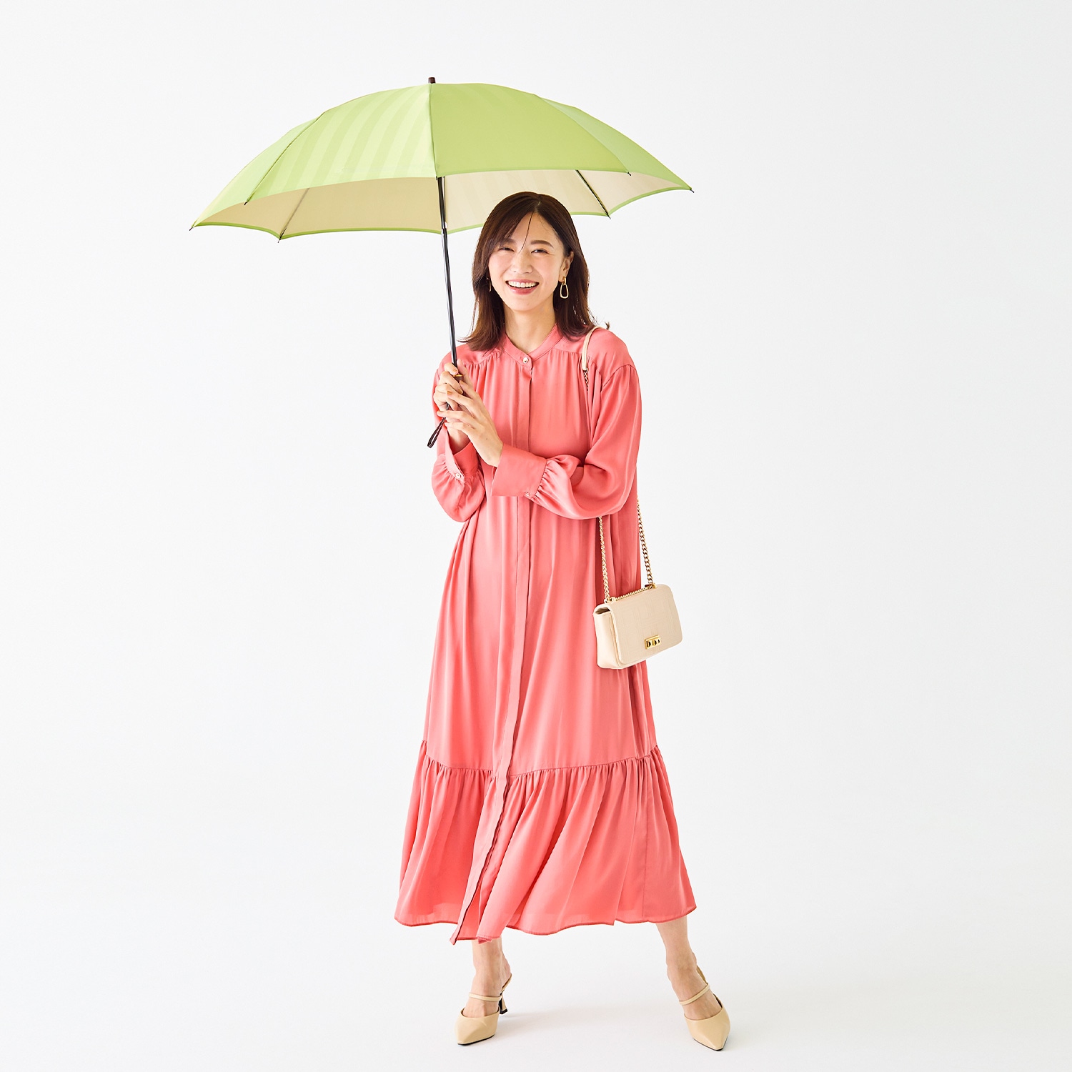 【レディース雨傘】エレ・シャドウ-折りたたみ-アップルグリーン×パール