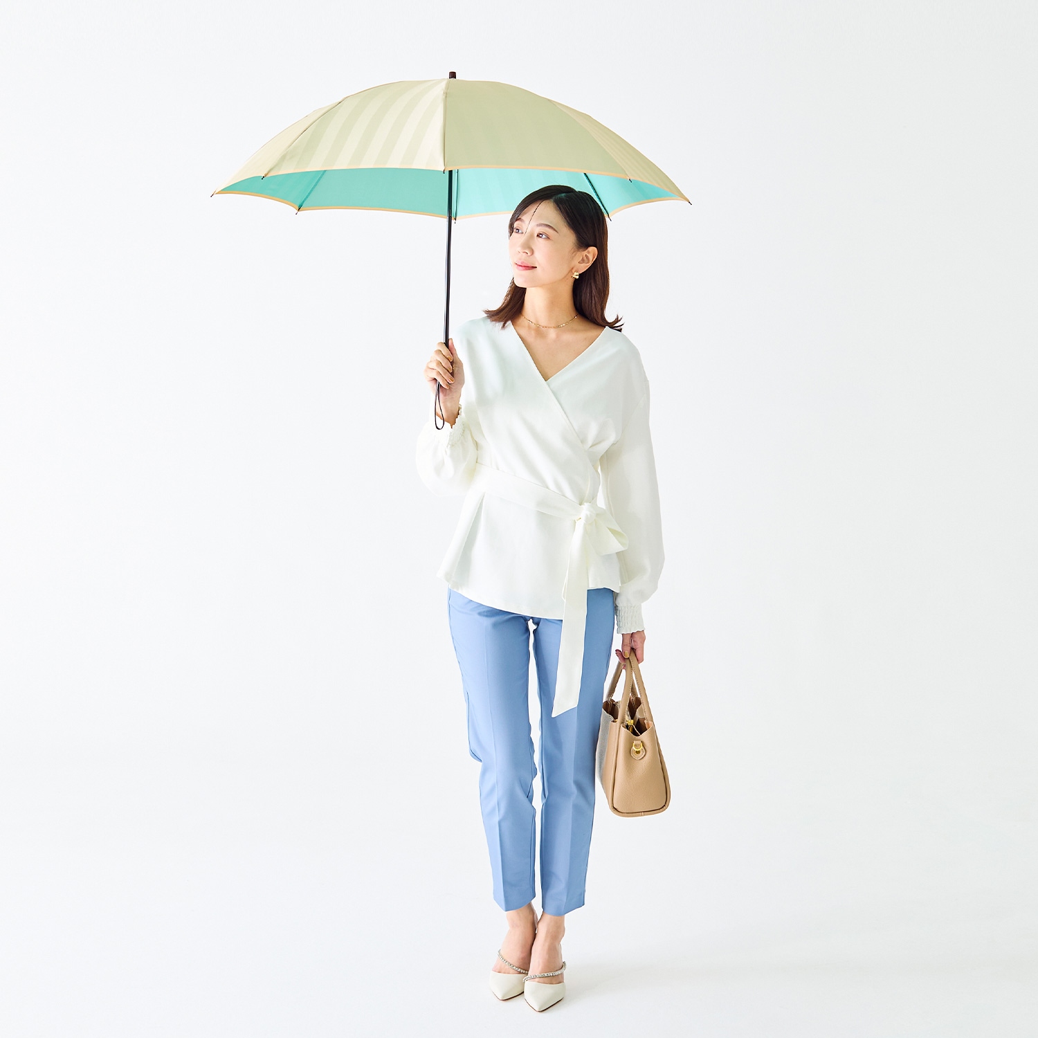 【レディース雨傘】エレ・シャドウ-折りたたみ-ソイ×ミントブルー