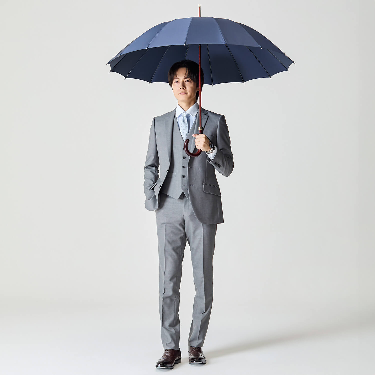 【メンズ雨傘】トラッド-16-ロング-カーボン-ディープブルー