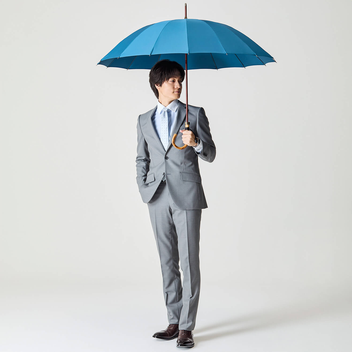 【メンズ雨傘】トラッド-16-ロング-カーボン-アイアンブルー