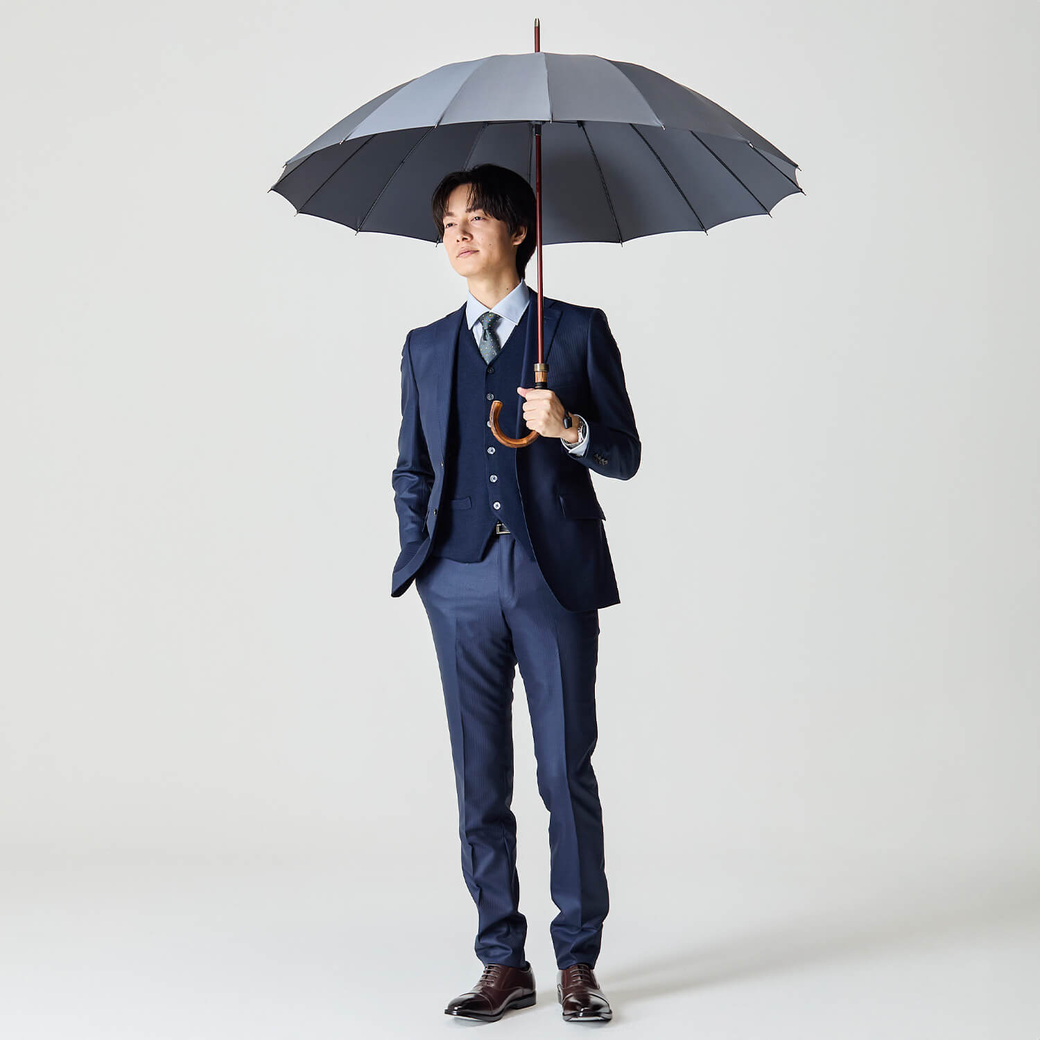 【メンズ雨傘】トラッド-16-ロング-カーボン-チャコールグレー