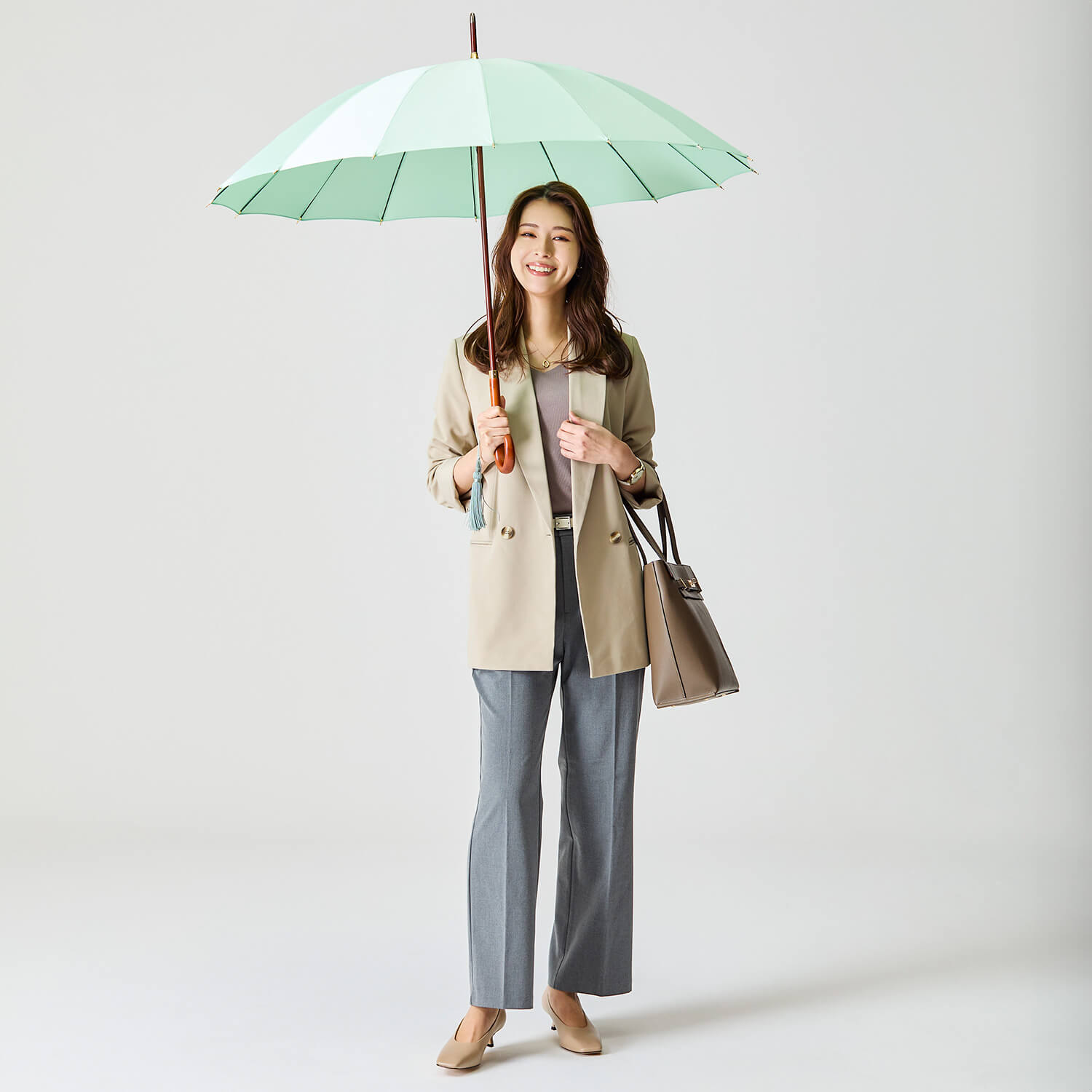 【レディース雨傘】トラッド-L-60カーボン-ミントグリーン