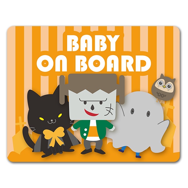 ハロウィン フランケンシュタインと黒猫とおばけの格好をした子供とフクロウ Baby On Board 車マグネットステッカー ゆうパケット対応商品 車ステッカー Baby In Car 風景 その他デザイン マグネットパーク