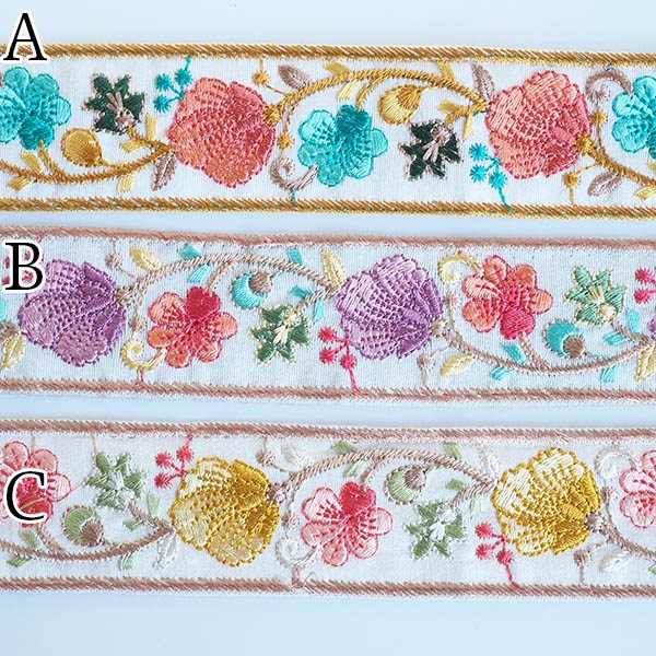 3.5cmインド花柄刺繍チュールリボン ボタニカル花柄刺繍サークル縁取り