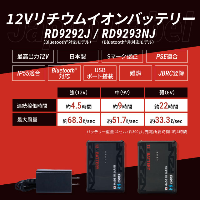 空調風神服 日本製 12Vバッテリーセット bluetooth対応無モデル RD9293NJ