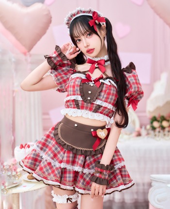 チョコラブチェックメイド《バレンタインコスプレ11点セット》【Malymoon/マリームーン】【CS25157】