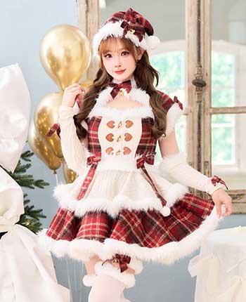 ミルキーニットダッフルチェックサンタ《クリスマスコスプレ7点セット》【Malymoon/マリームーン】【CS25056】