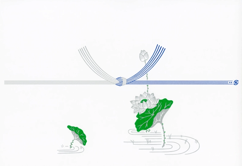 蓮の絵柄入りの掛け紙（紫銀の水引）