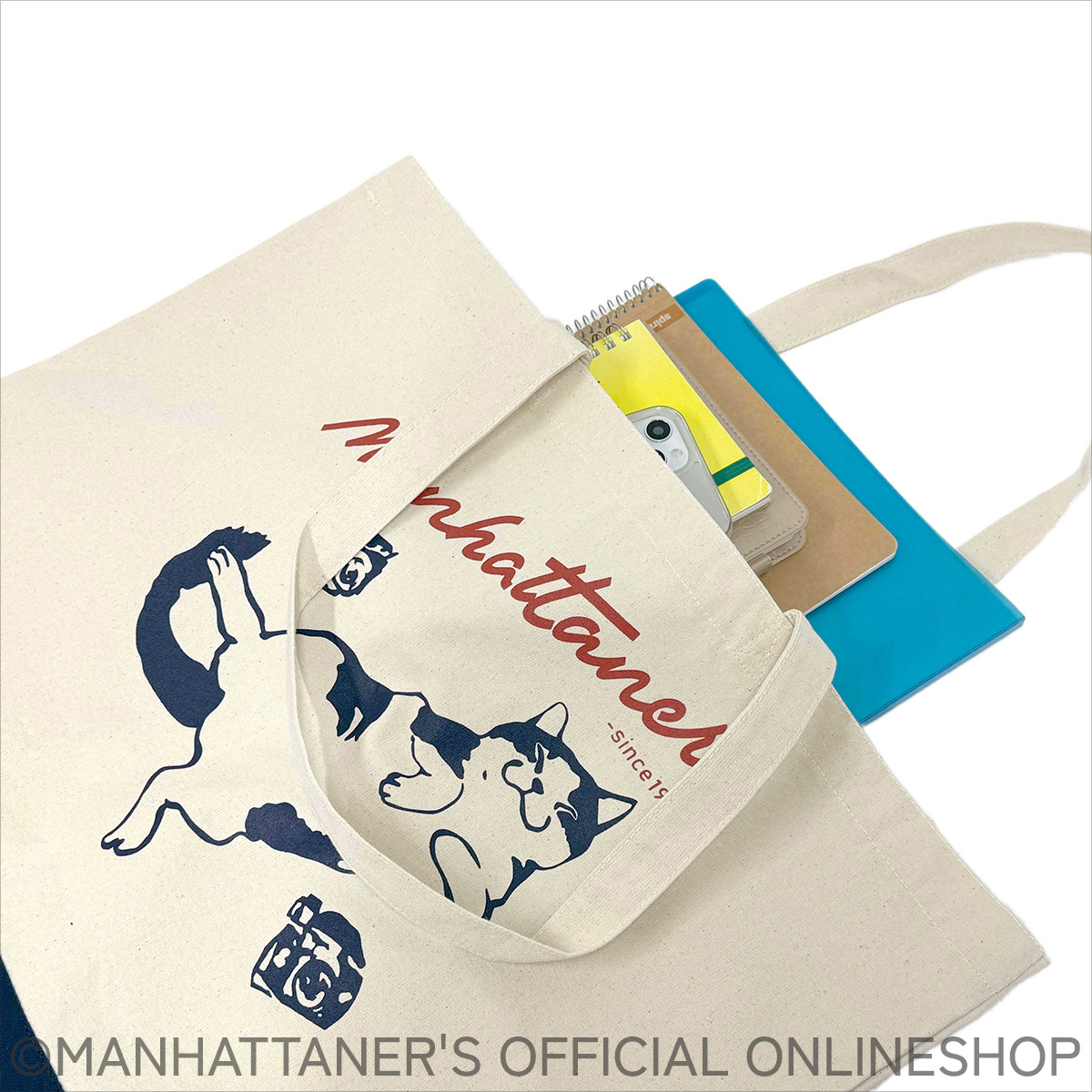 もこたつです！和マンハッタナーズ　2wayバッグ フェデリコとカメラ 当店限定】キャンバストートバッグ 横長タイプ「フェデリコとカメラ