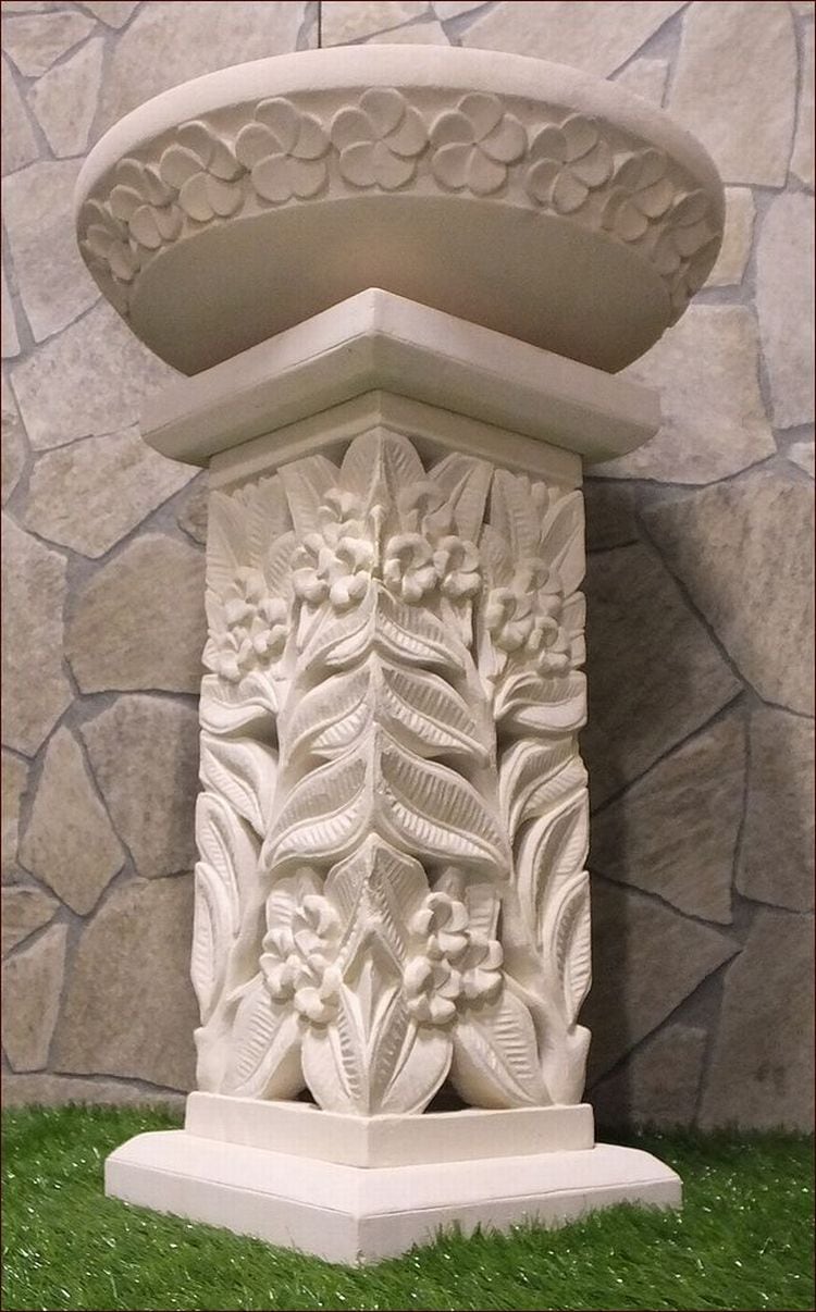 アジアン バリ島 石彫り 彫刻 プルメリア 睡蓮鉢 角柱型 スタンド ガーデンライト：STO-0208-A | バリ島 石像