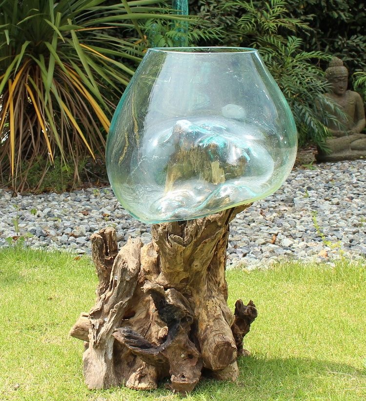 流木＆吹きガラスのオブジェ フラワーベース 花瓶 メダカ 金魚 