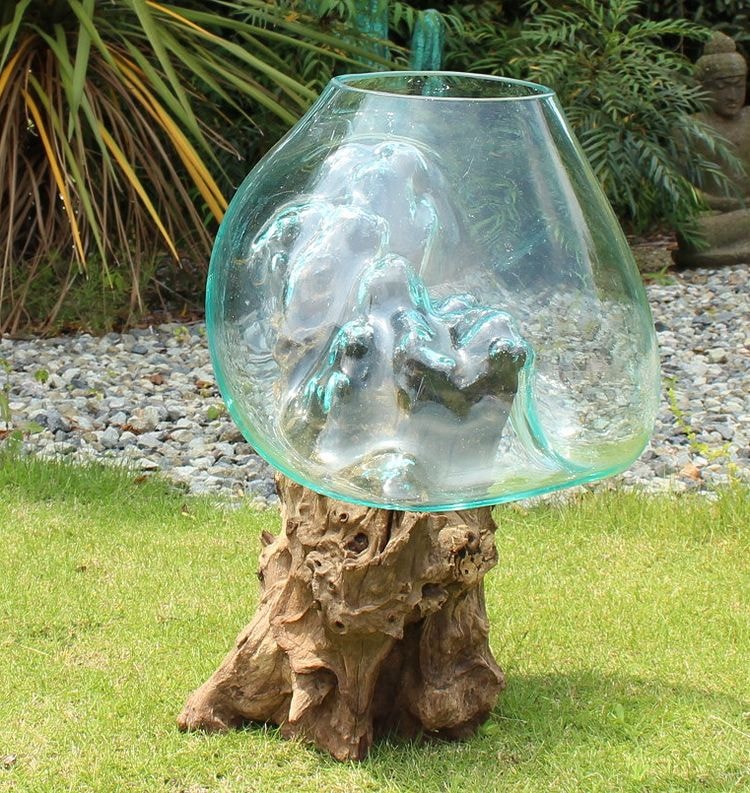 流木＆吹きガラスのオブジェ フラワーベース 花瓶 メダカ 金魚 