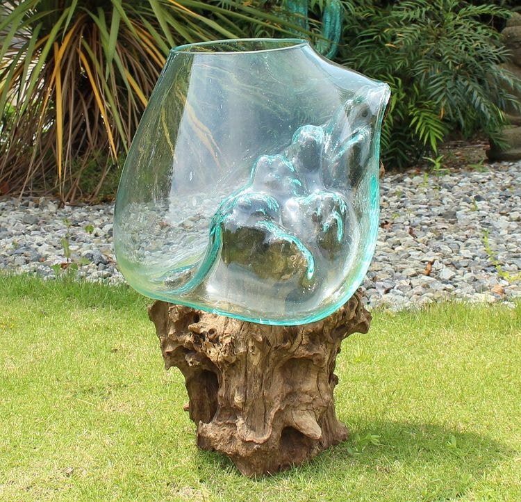 流木＆吹きガラスのオブジェ フラワーベース 花瓶 メダカ 金魚 アクアリウム