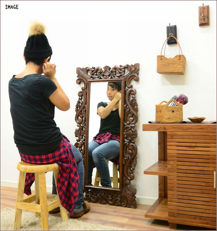 アジアン バリ家具 木製 鏡 大型 木彫り レリーフ 彫刻 全身ミラー