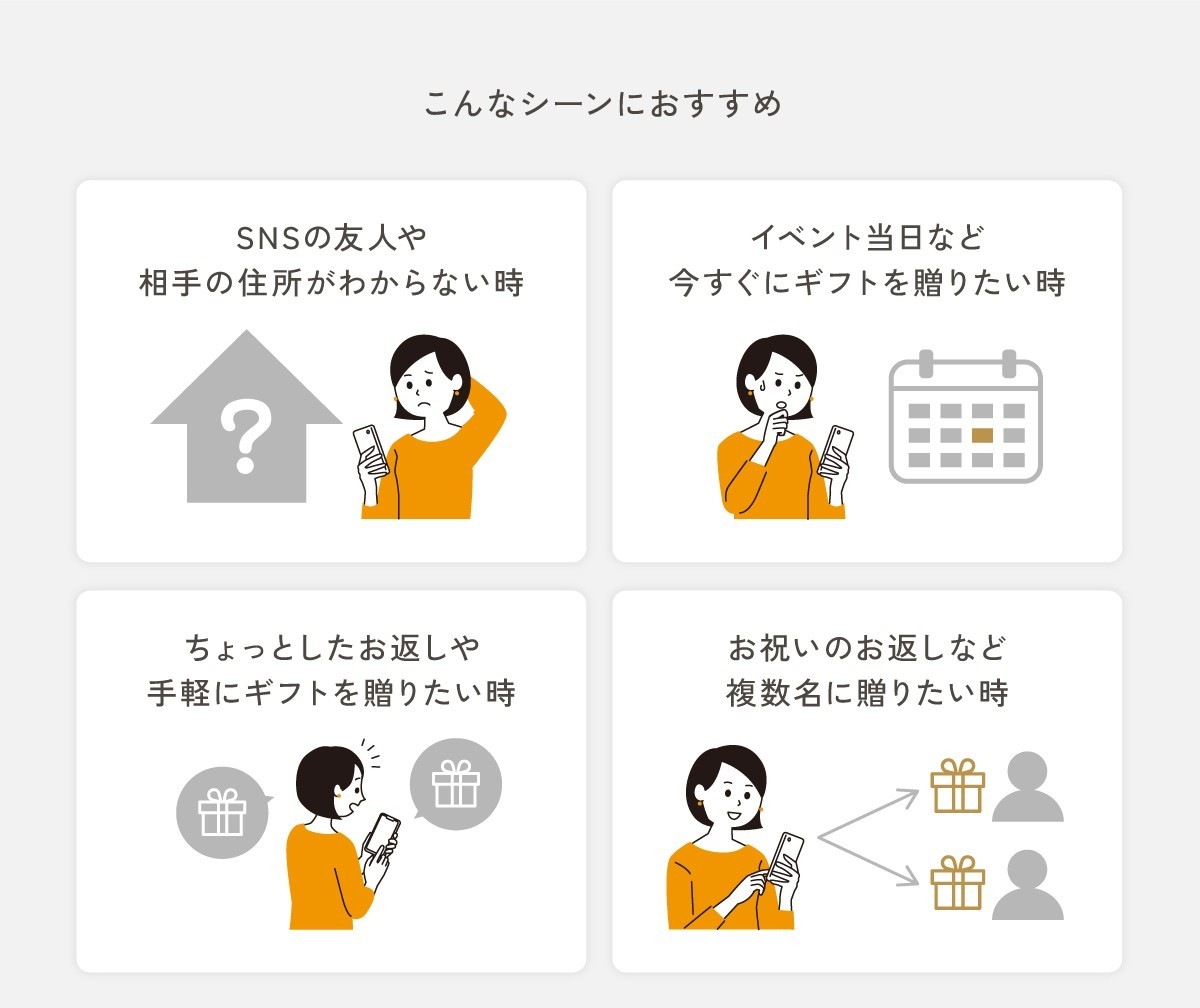 こんなシーンにおすすめ。SNSの友人や相手の住所がわからない時／イベント当日など今すぐにギフトを贈りたい時／ちょっとしたお返しや手軽にギフトを贈りたい時／お祝いのお返しなど複数名に贈りたい時